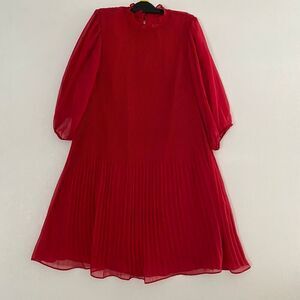 Nanette Lepore Pleated Red Chiffon Dress Puff Sleeve Fit & Flare Size 12
